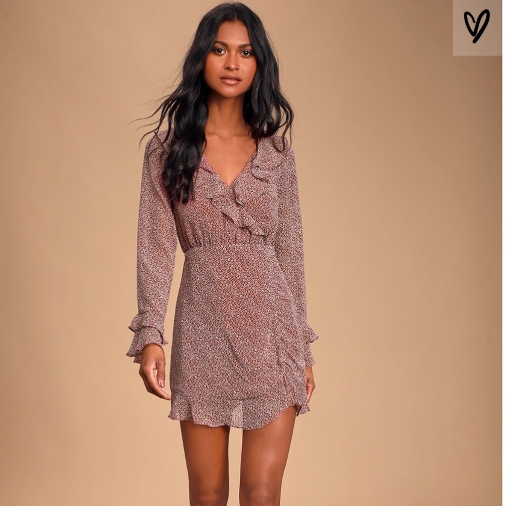 Burgundy floral print ruffled long sleeve dress